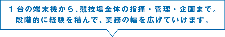 1台の端末機から、競技場全体の指揮・管理・企画まで。段階的に経験を積んで、業務の幅を広げていけます。